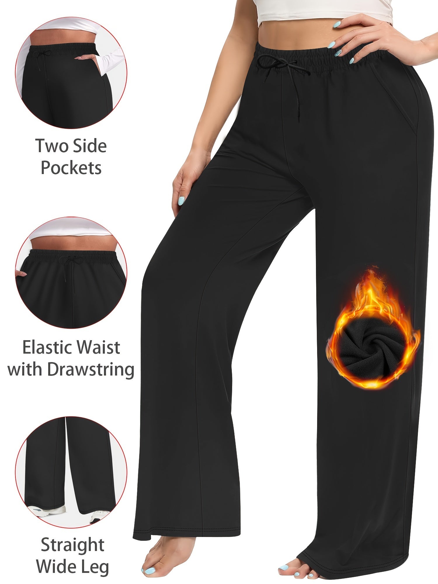 Pantalones de invierno con forro de felpa para mujer, talla plus, cintura elástica, azul marino, de pierna ancha