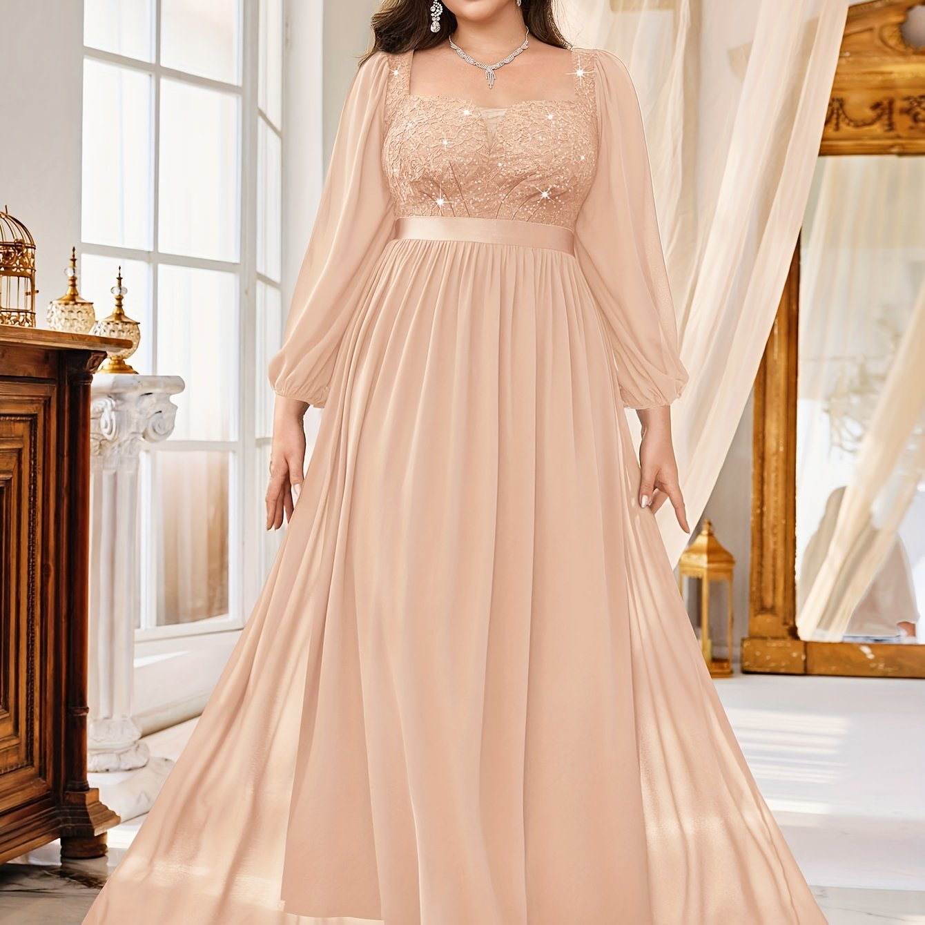 Plus Size Women's Sequin Lace Chiffon Evening Gown with Puff Sleeves