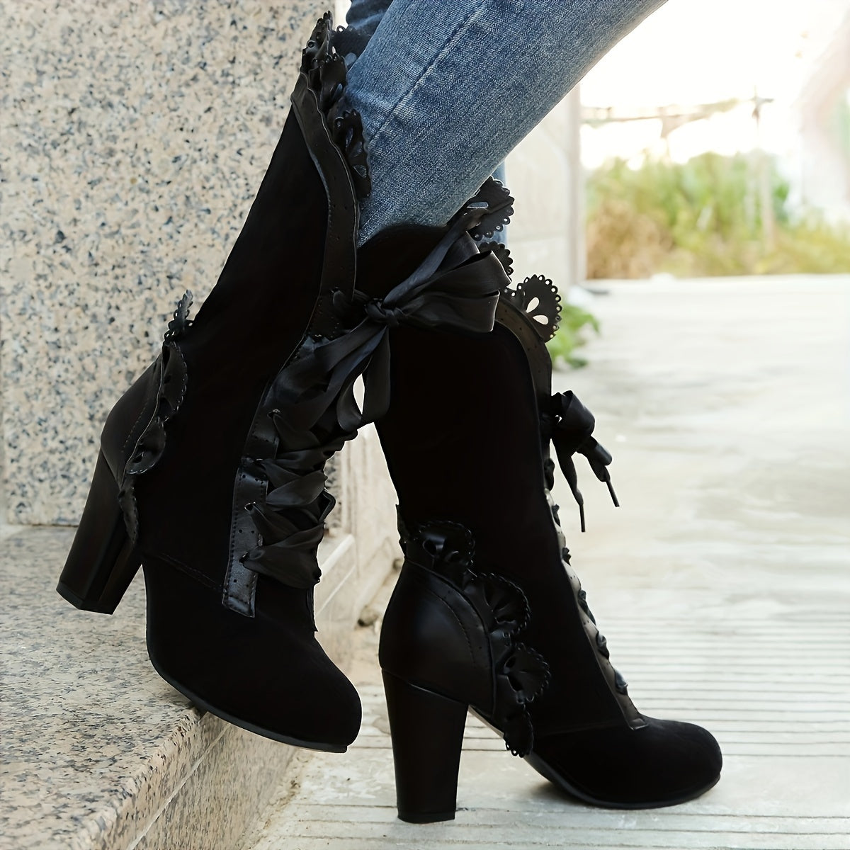Women's Leather Lace-Up Chunky Heel Mid-Calf Boots Black Size 8