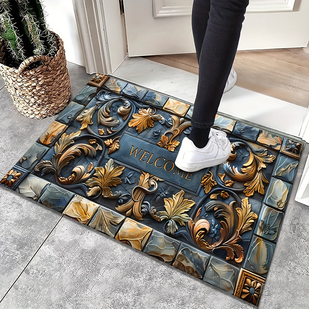 3D Stone Design Welcome Doormat Polyester Non-Slip Indoor Outdoor Rug