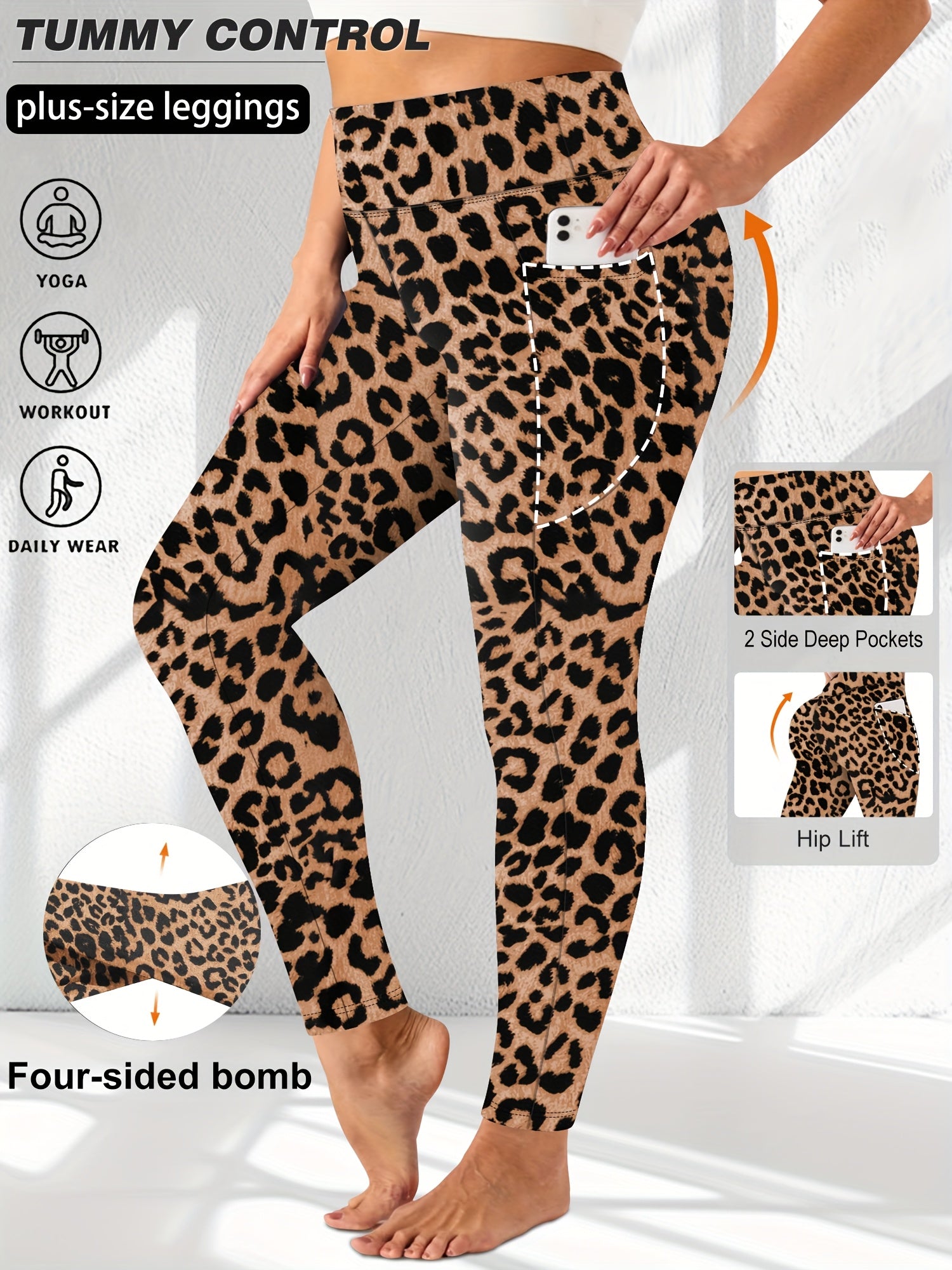 Plus Size Women's Tummy Control Yoga Pants Leopard Print 7/8 Leggings