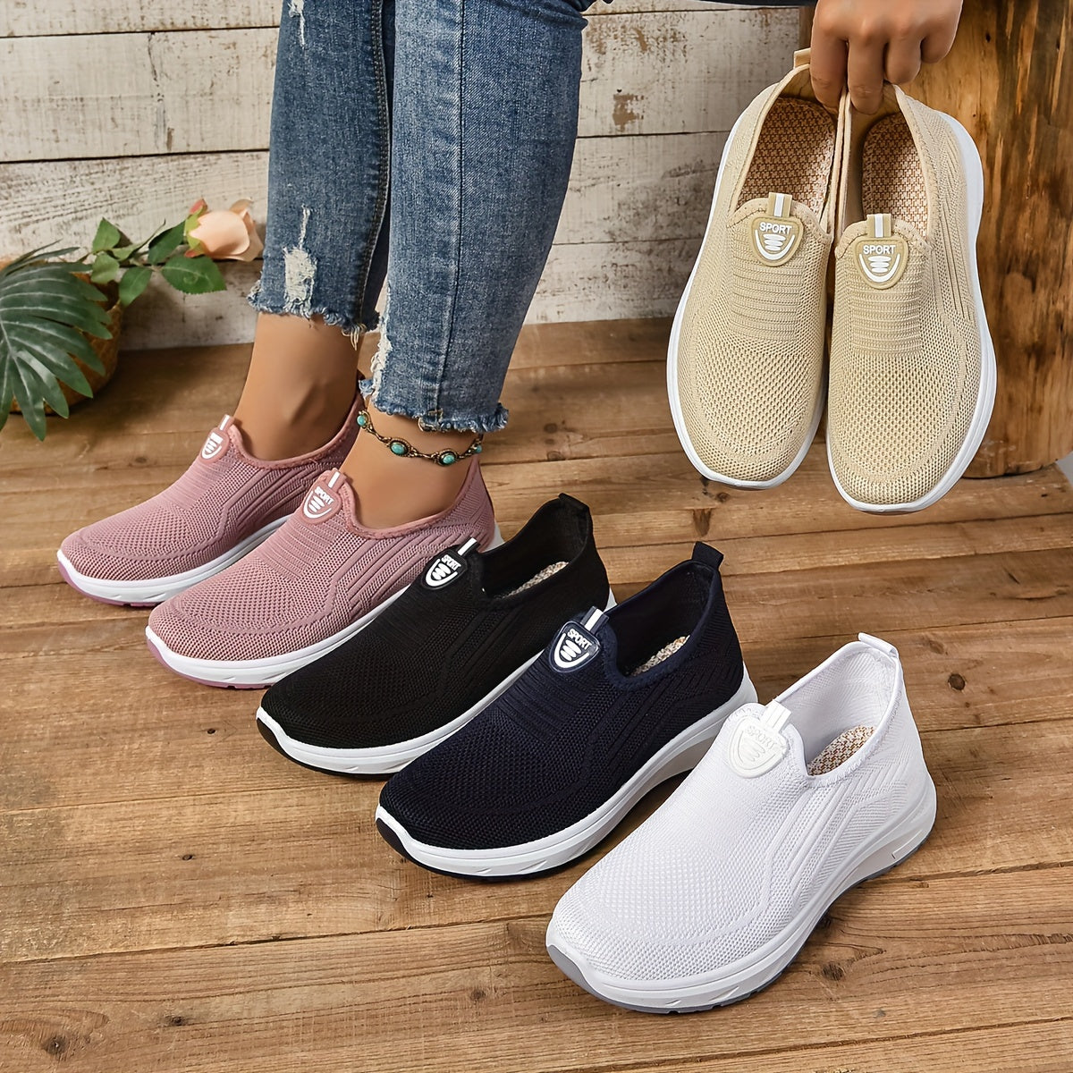 Women's Slip-On Sneakers in Knit Fabric Light Comfortable All-Season