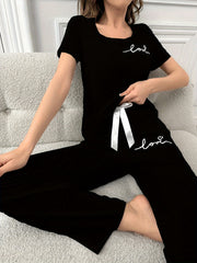Women's Lounge Set Short Sleeve Letter Print Knit Pajama Casual All-Season
