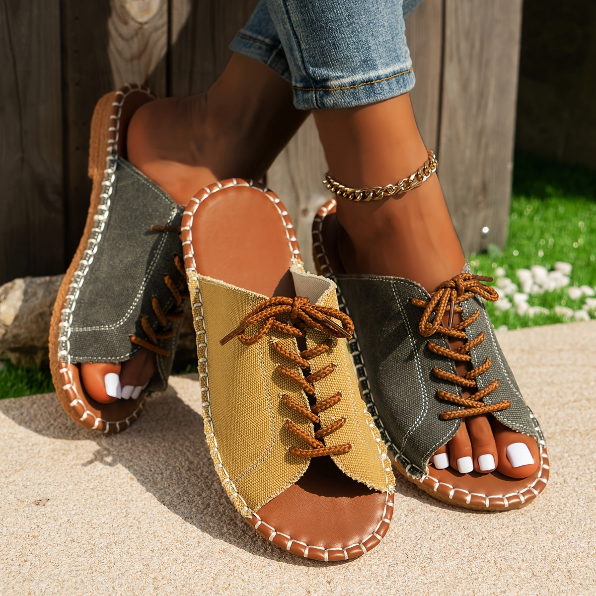 Women's Solid Color Slip-On Open Toe Flat Sandals, Fabric Upper, Comfortable Summer