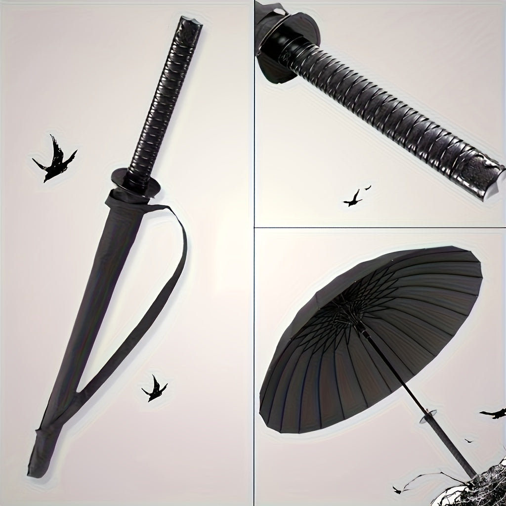 Black Samurai-Inspired Umbrella with Sword Handle 24-Rib Foldable Durable Cloth