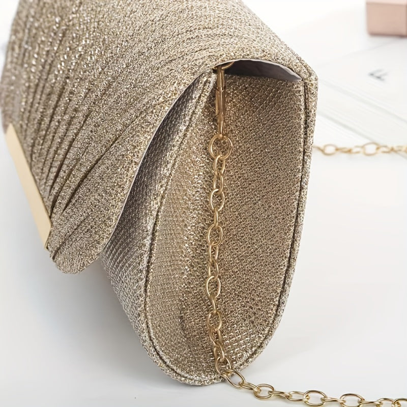 Pleated Evening Clutch Bag with Gold Embellishments for Ladies