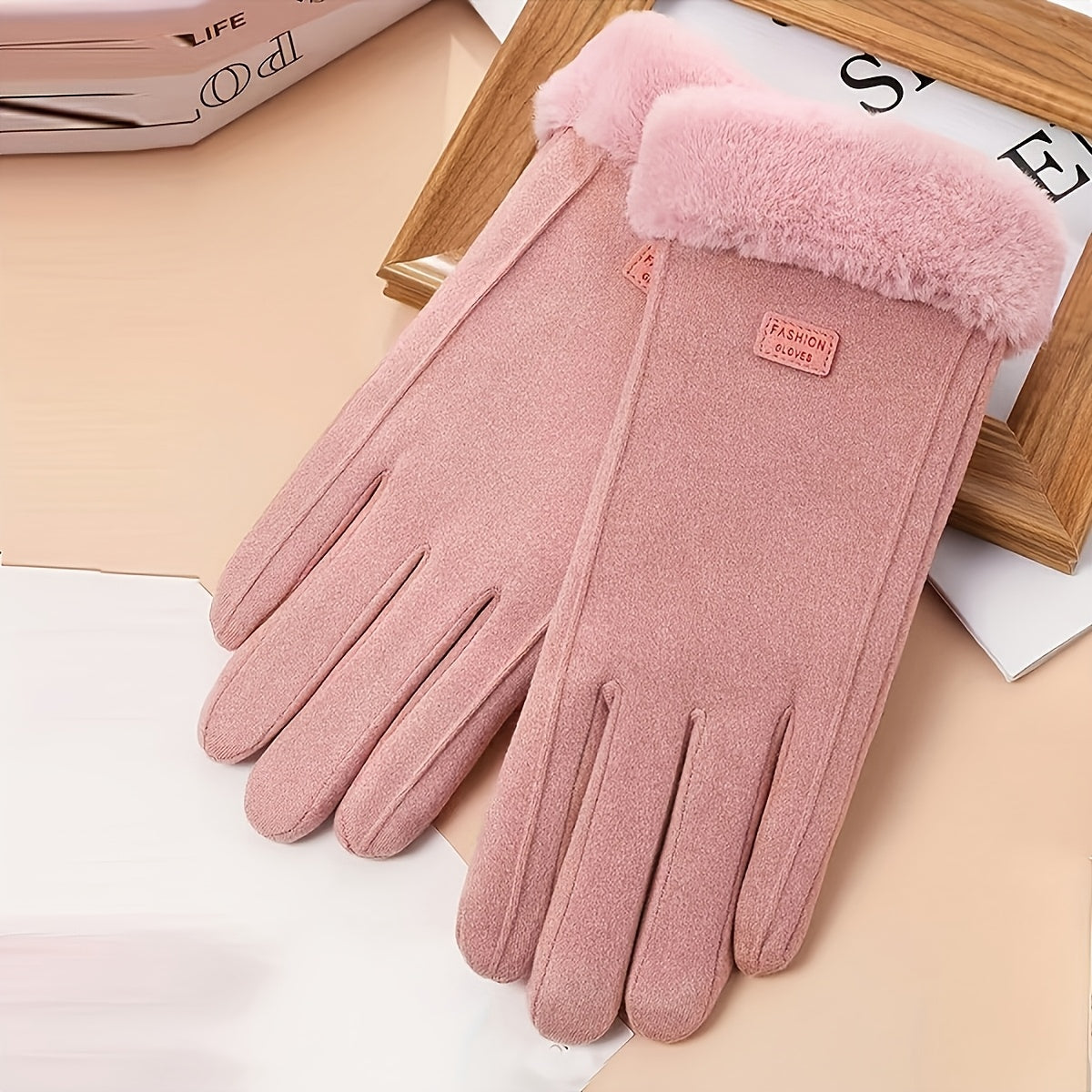 Women's Beige Touchscreen Gloves with Plush Lining and Full Finger Design