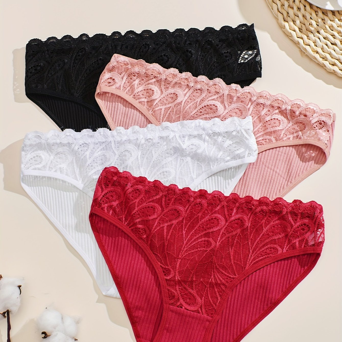 Women’s Cotton Briefs Set 4 Pieces Mid Rise Lace Solid Comfortable Stretchy