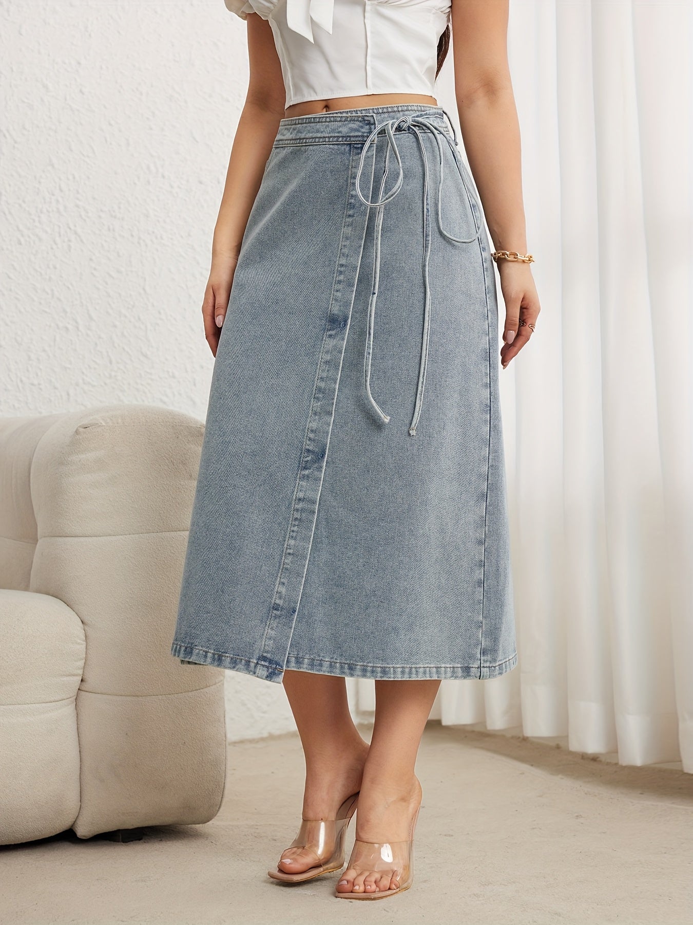 Women's High Waist Denim Skirt Midi Asymmetrical Drawstring Front Split Solid Color Regular Fit