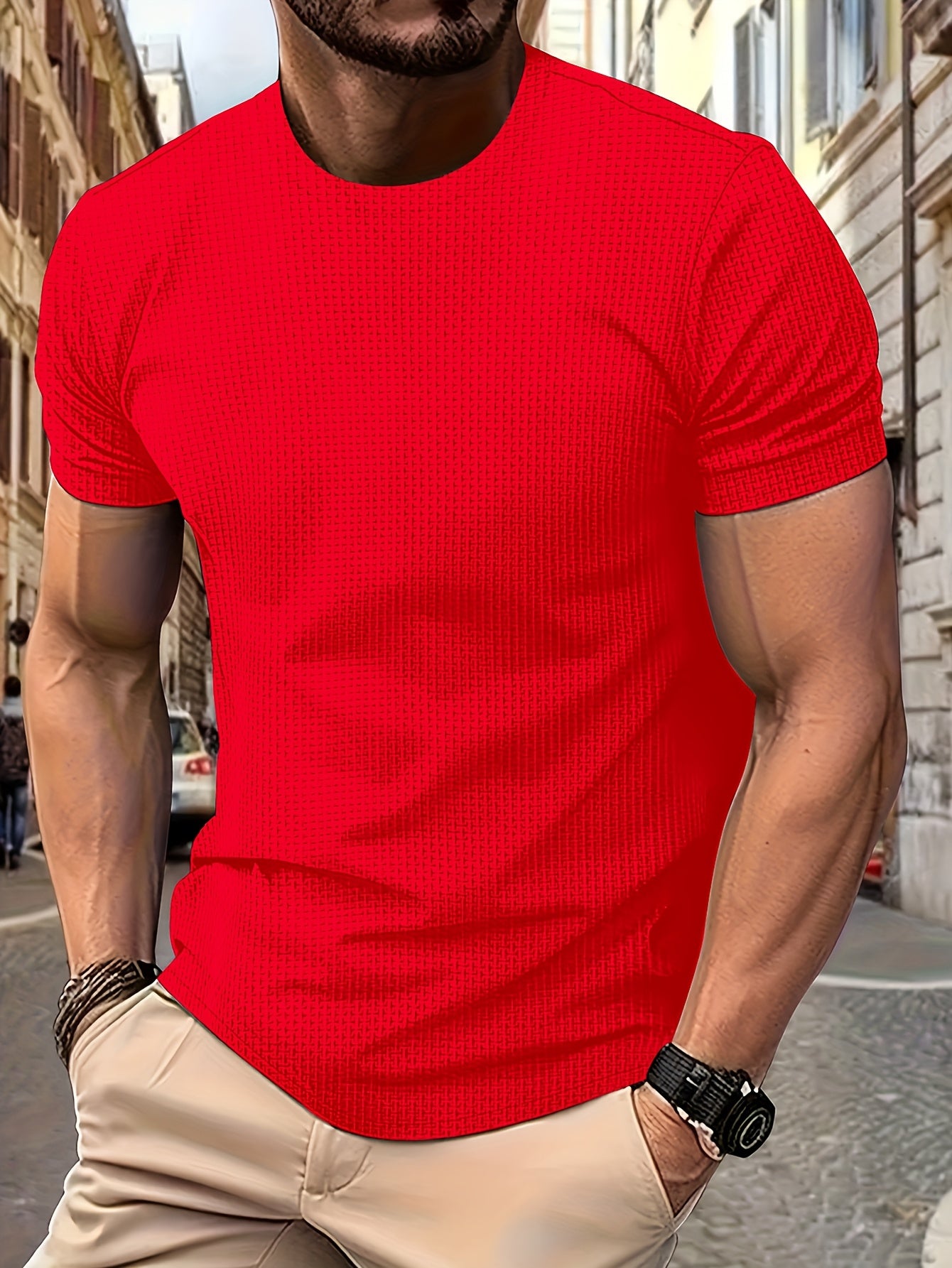 Erkaklar yozgi tasodifiy krujka bo'yinli futbolka, bir rangli to'qilgan matodan, oddiy moslikda. 94% naylon va 6% spandeksdan tayyorlangan, cho'zilmaydigan, lekin qulay cho'zilishga ega. 200gsm og'irlikda, kundalik kiyish uchun mos.