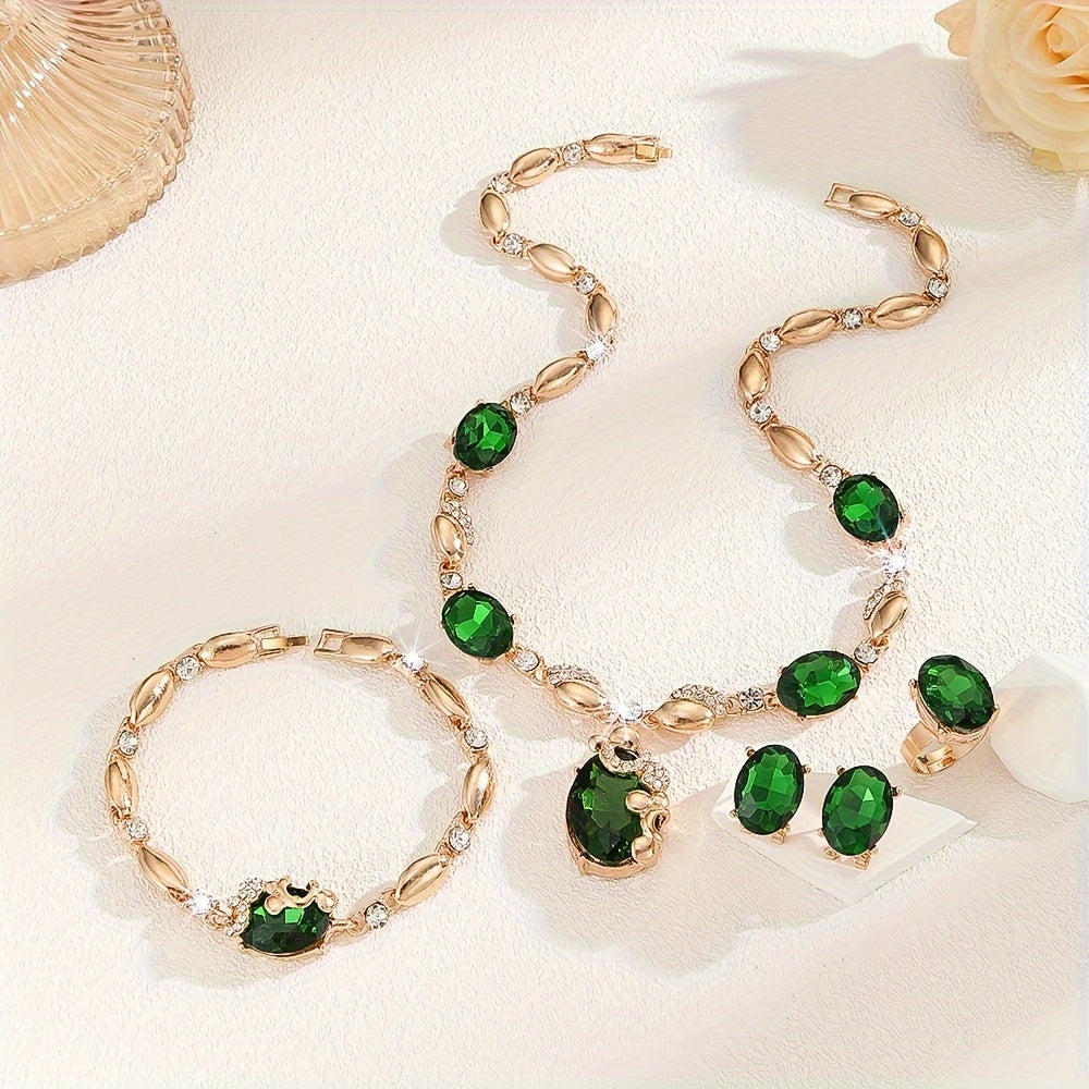 Jewelry Set 14K Gold Plated Sparkling Synthetic Emerald Glass Accents for Women