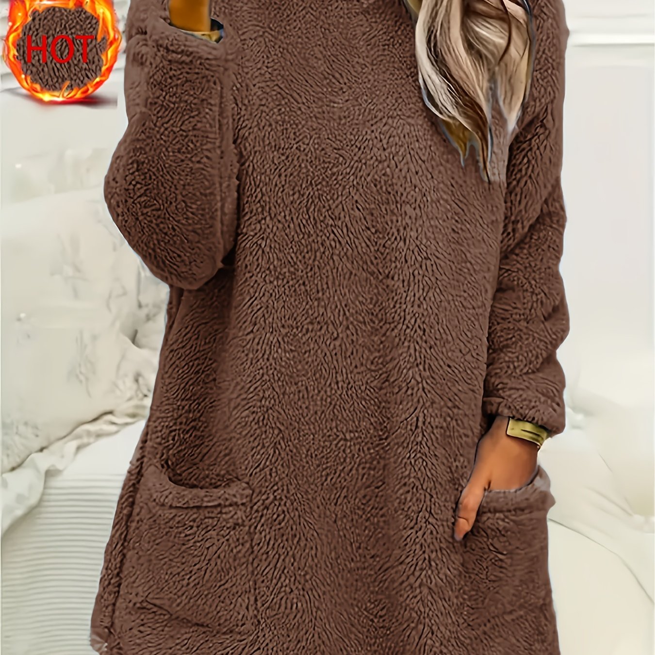 Women's Teddy Fleece Crew Neck Sweatshirt with Long Sleeves and Pocket for Fall Winter