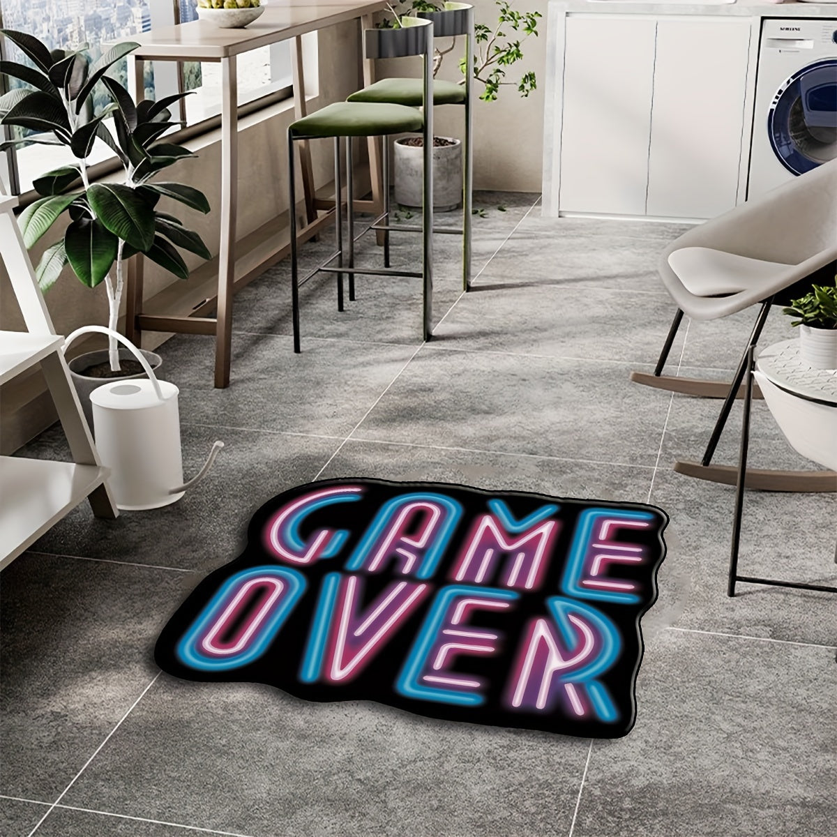 3D Fluorescent Lettering Area Rug Game Over Design Plush Anti-Slip Machine Washable Floor Mat for Living Room Bedroom Game Room