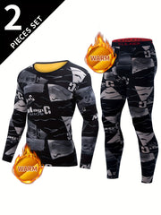 Men's Thermal Underwear Set Camouflage Fleece-Lined Long Sleeve Top and Leggings Winter Skiing