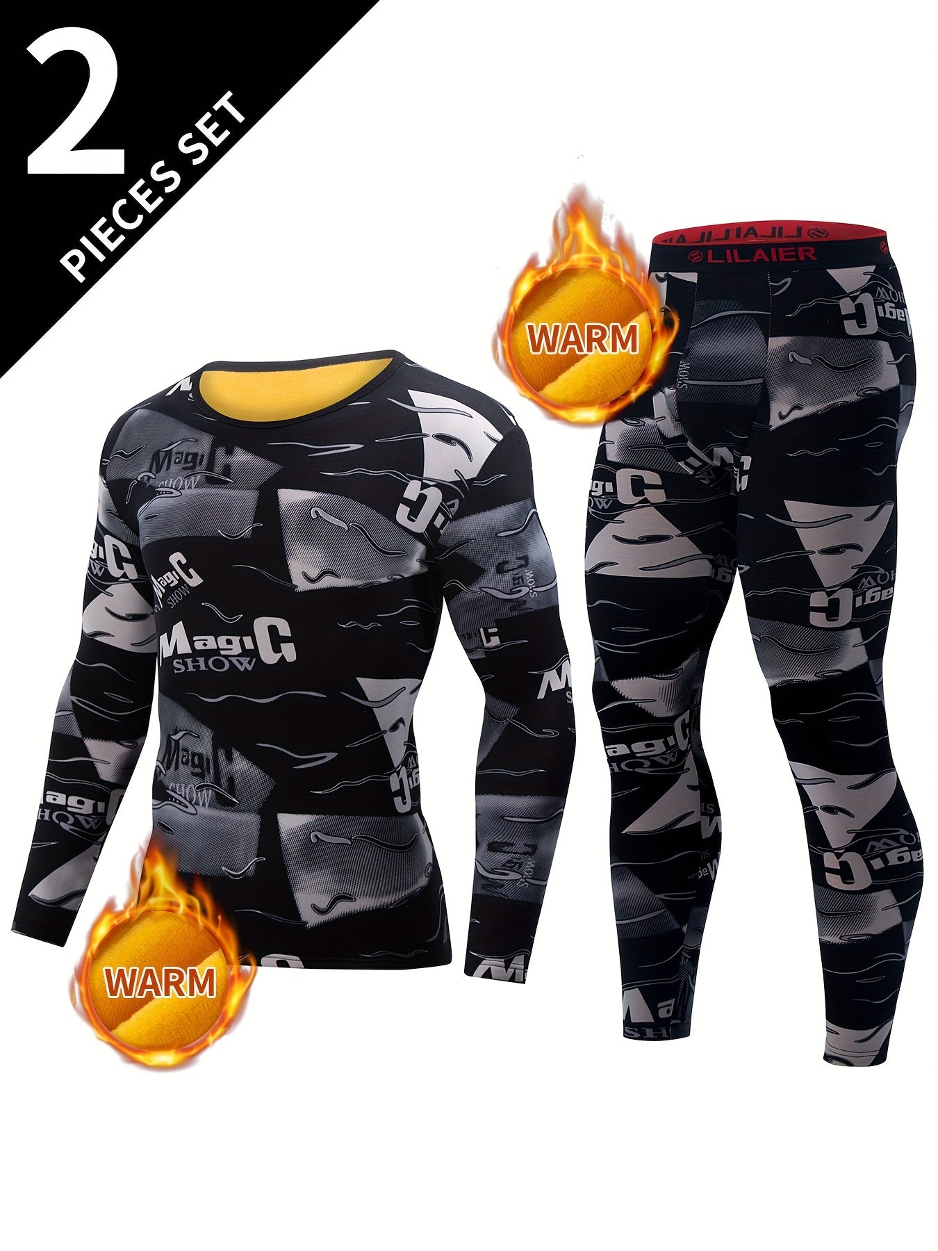 Men's Thermal Underwear Set Camouflage Fleece-Lined Long Sleeve Top and Leggings Winter Skiing