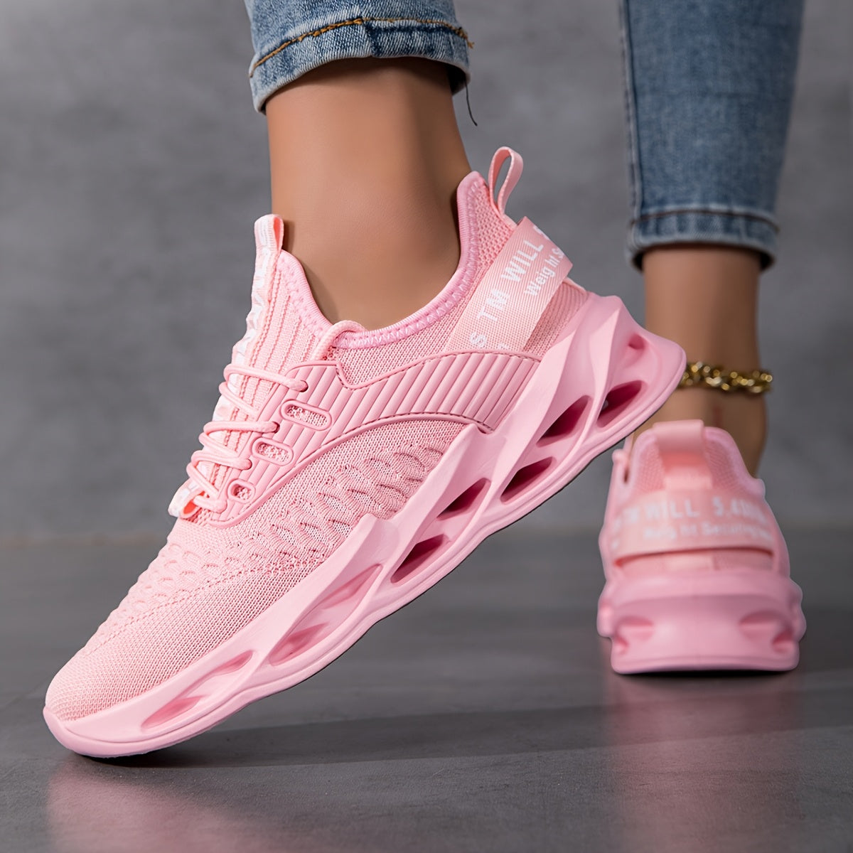 Women's Pink Breathable Casual Sneakers with Hole-Design and Shock Absorption