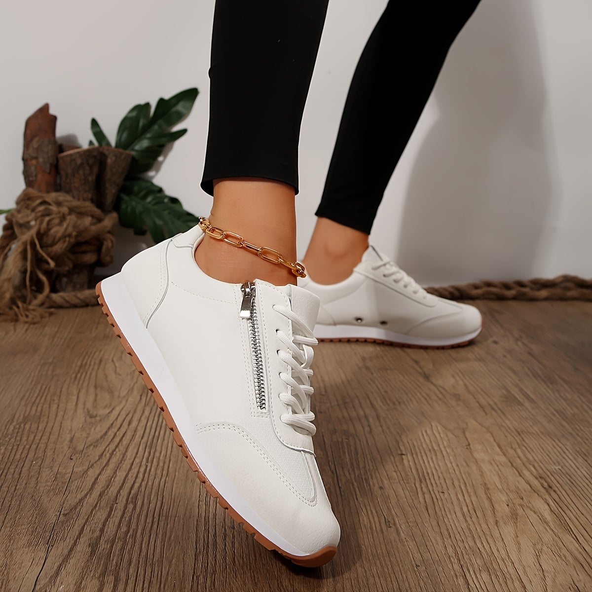 Women's White Faux Cover Sneakers with Zipper, Breathable, Non-Slip