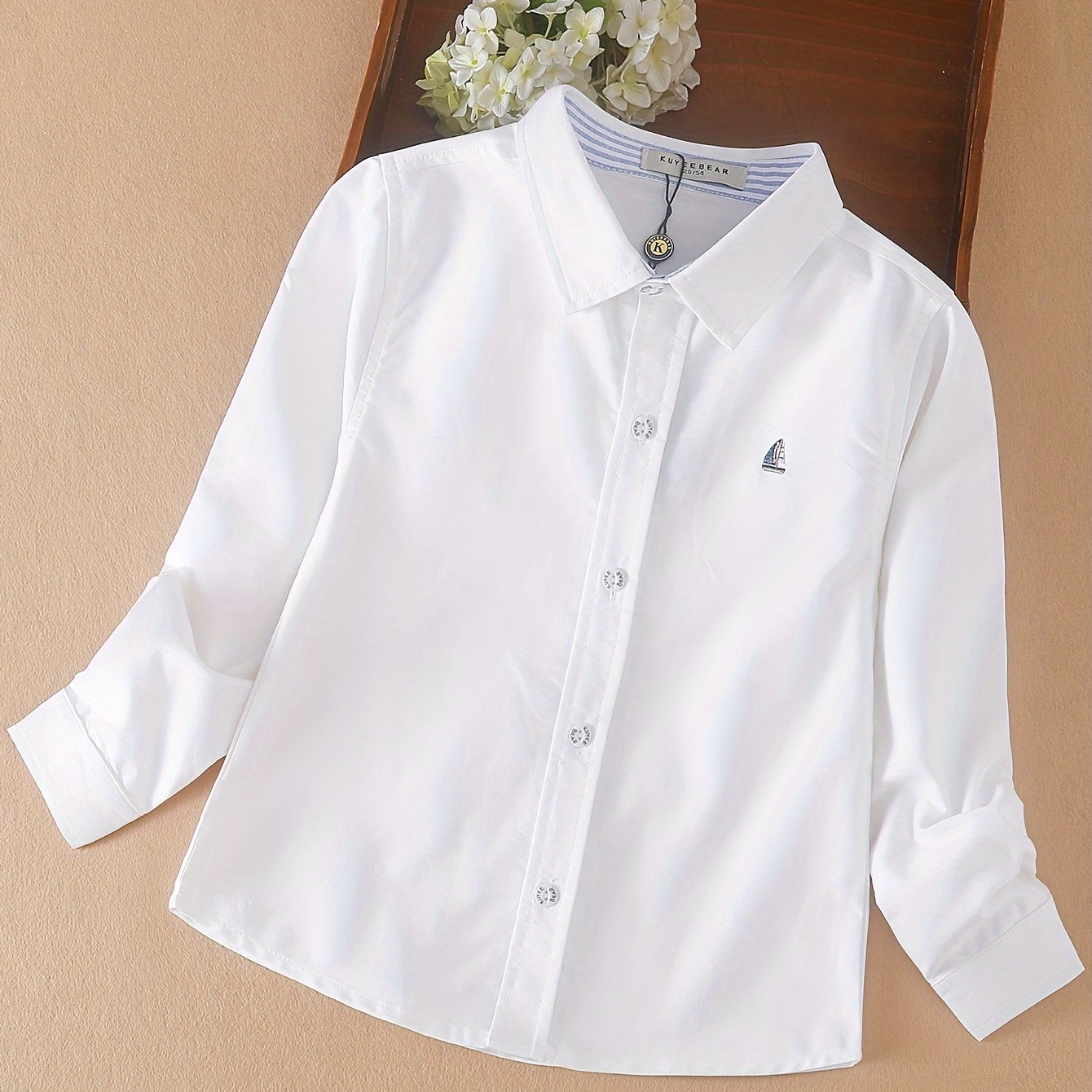 Camisa de manga larga para niños en mezcla de algodón blanco para niños, estilo preppy para primavera y otoño
