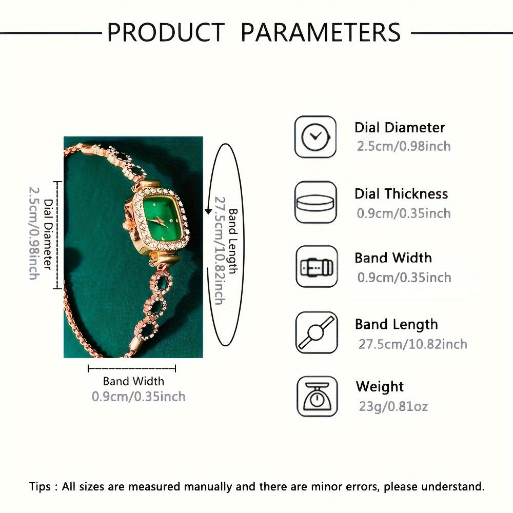 Women’s 6-Piece Rhinestone Quartz Watch Jewelry Set Square Case Adjustable Zinc Alloy Band Gift