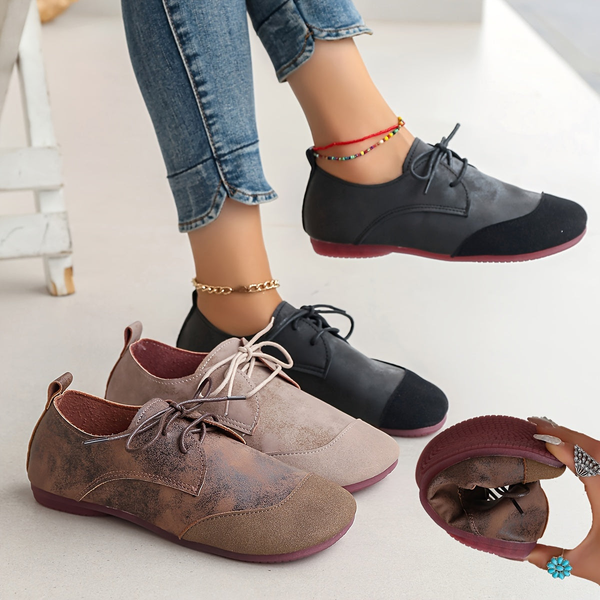 Zapatos planos de suela suave para mujer para cuatro estaciones con cordones y punta redonda