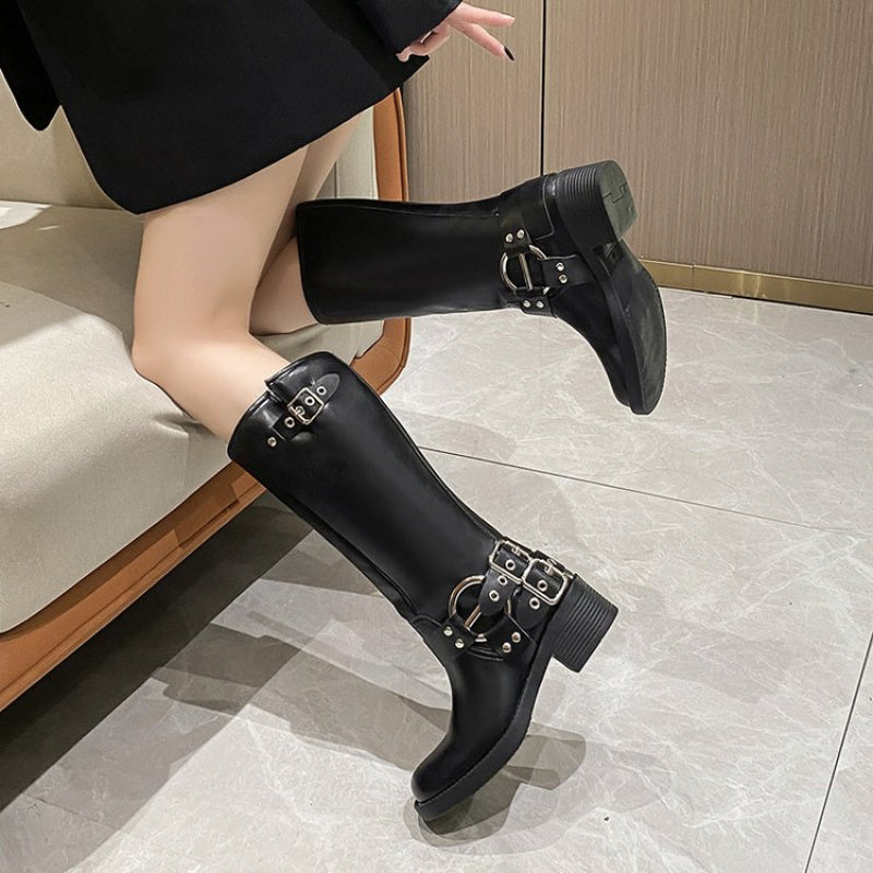 Women's Faux Cover Knee-High Chunky Heel Winter Boots Non-Slip Black