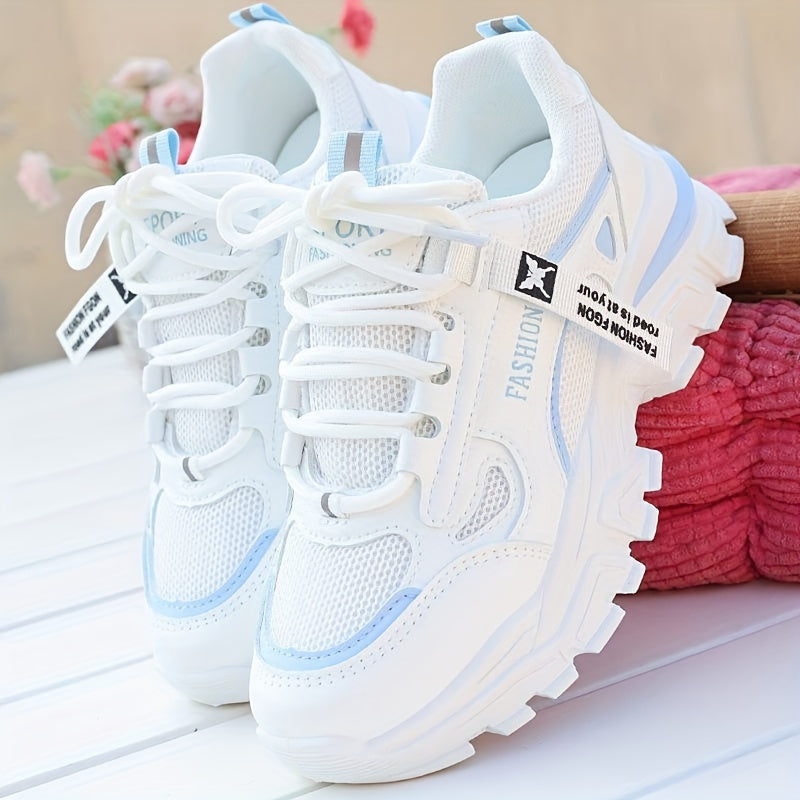 Women's White Mesh Low Top Sneakers with Lace-Up Closure and PVC Sole