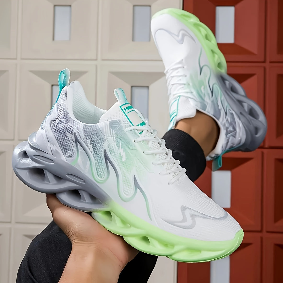 Zapatillas deportivas casuales para hombre con parte superior de punto transpirable, suela amortiguadora de impacto MD, de perfil bajo, con cordones, en gris y blanco