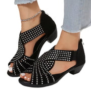 Women's Low Heel Rhinestone Cutout Chunky Sandals Plus Size Summer