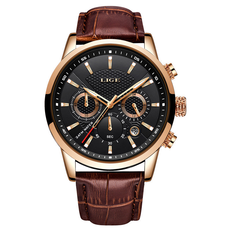 Men's Leather Quartz Watch Business Casual Sporty Chronograph Date Display