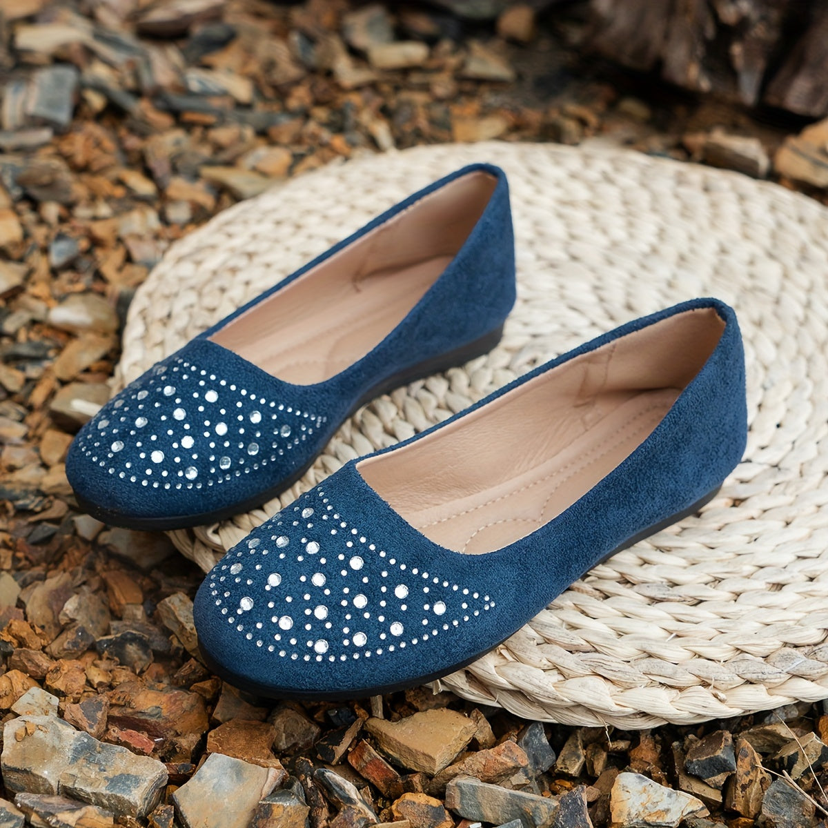 Women's Navy Blue Velvet Flats with Rhinestones for Casual Walking