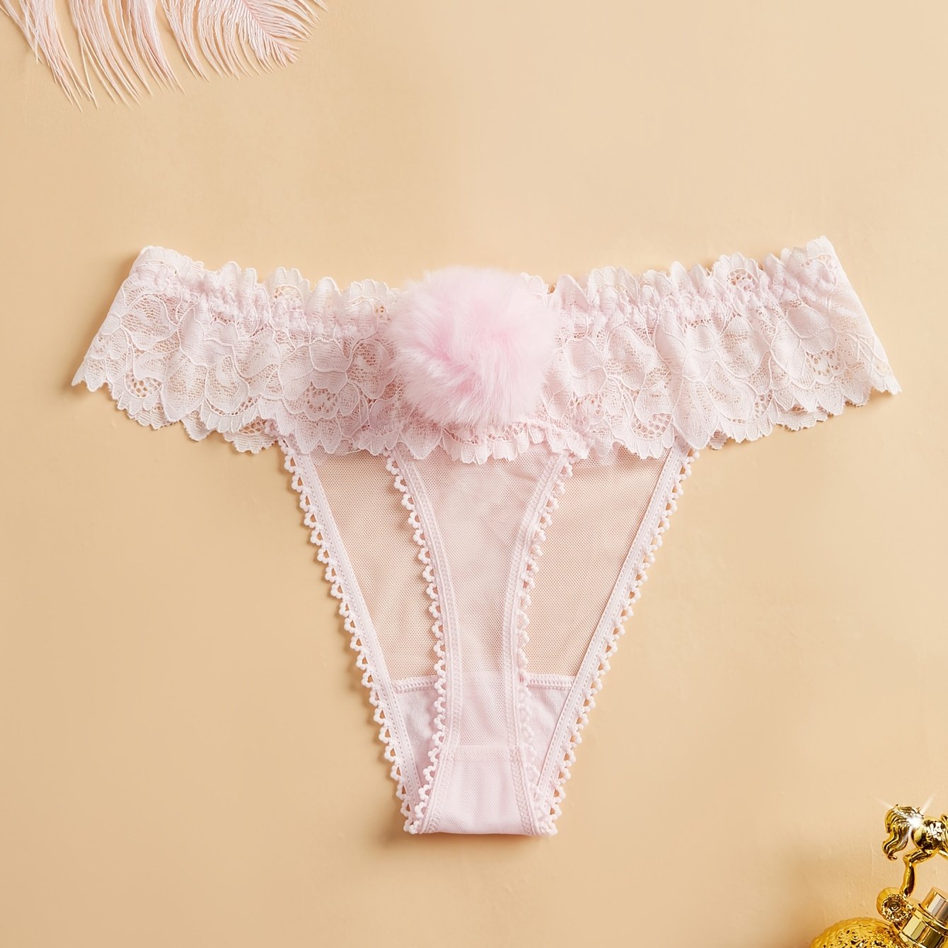 Women's Lace Panties with Removable Pom-Pom and Bunny Tail, Solid Color, Mid-Waist Polyester Lingerie