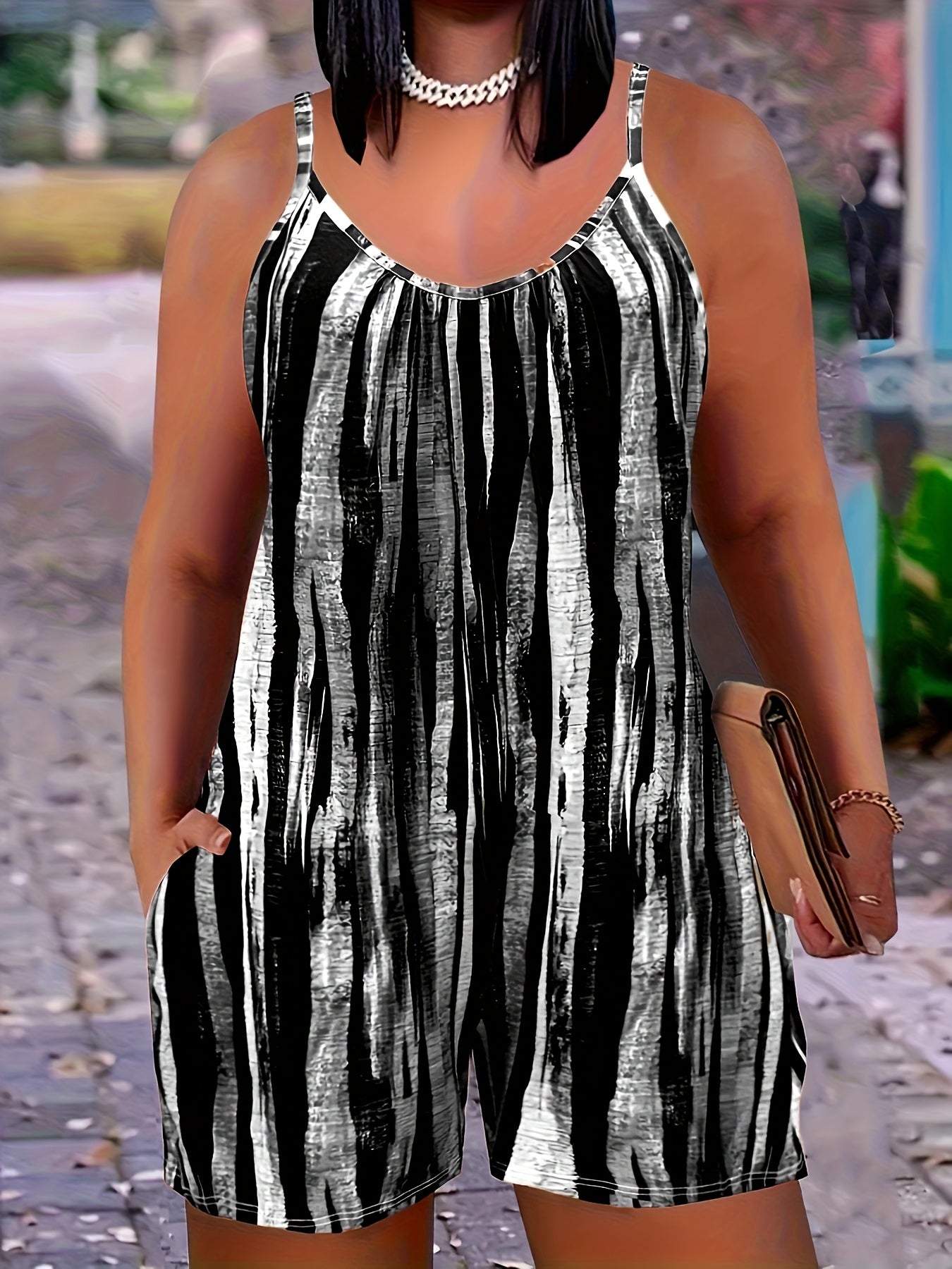 Women's Plus Size Sleeveless Striped Print Jumpsuit with Pockets