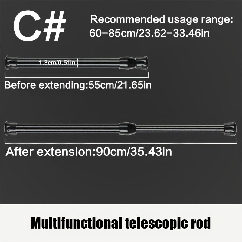 Turli joylarda oson o'rnatish uchun sozlanadigan spring kuchi bilan ko'p maqsadli metall pardalar tayoqchasi.