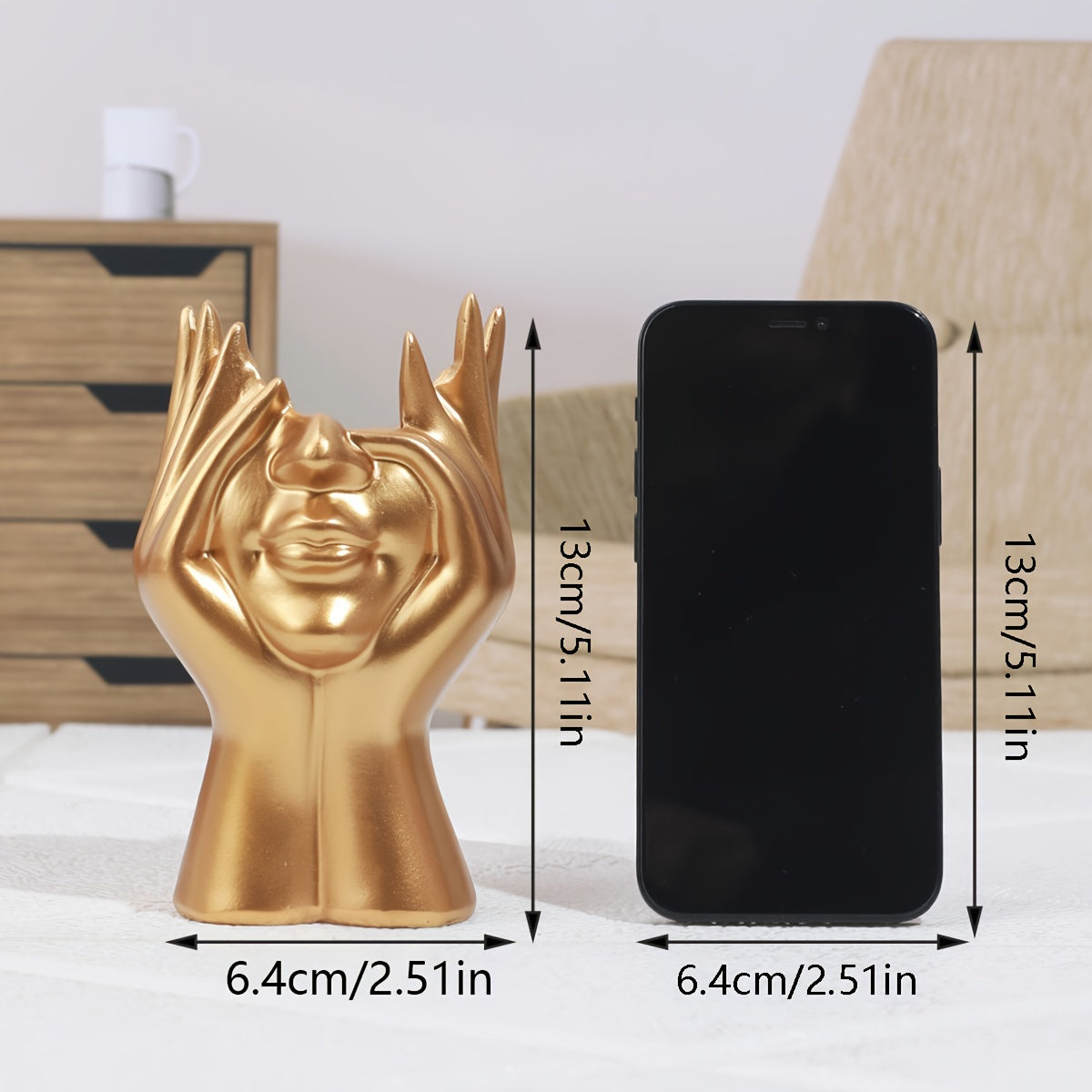 Soporte para bolígrafos de resina con diseño de cara en blanco, oro y negro para organización de escritorio