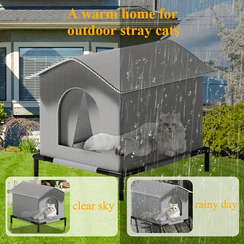 Outdoor Cat House Oxford Cloth Insulated Weatherproof Shelter with Raised Stand and Double-Sided Mat
