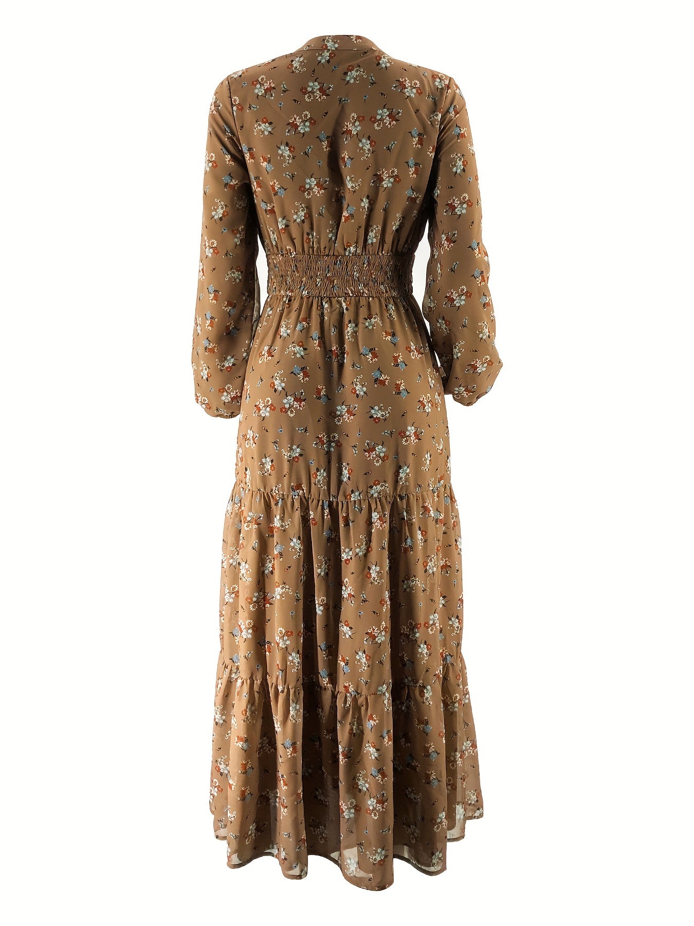 Vestido largo floral para mujer con cintura fruncida y dobladillo con volantes