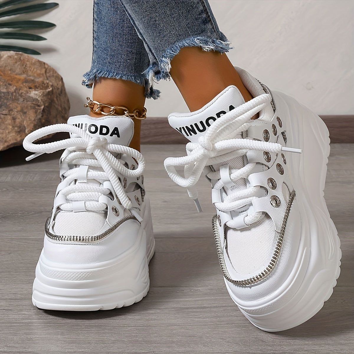 Women's Chunky Platform Sneakers Mid Top EVA Lace-Up Fashion Shoes
