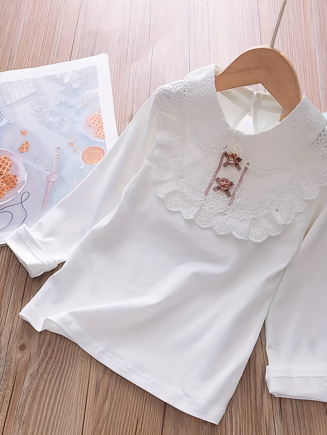 Girls Long Sleeve Cotton T-Shirt with Lace Trim for Spring Fall Casual Wear