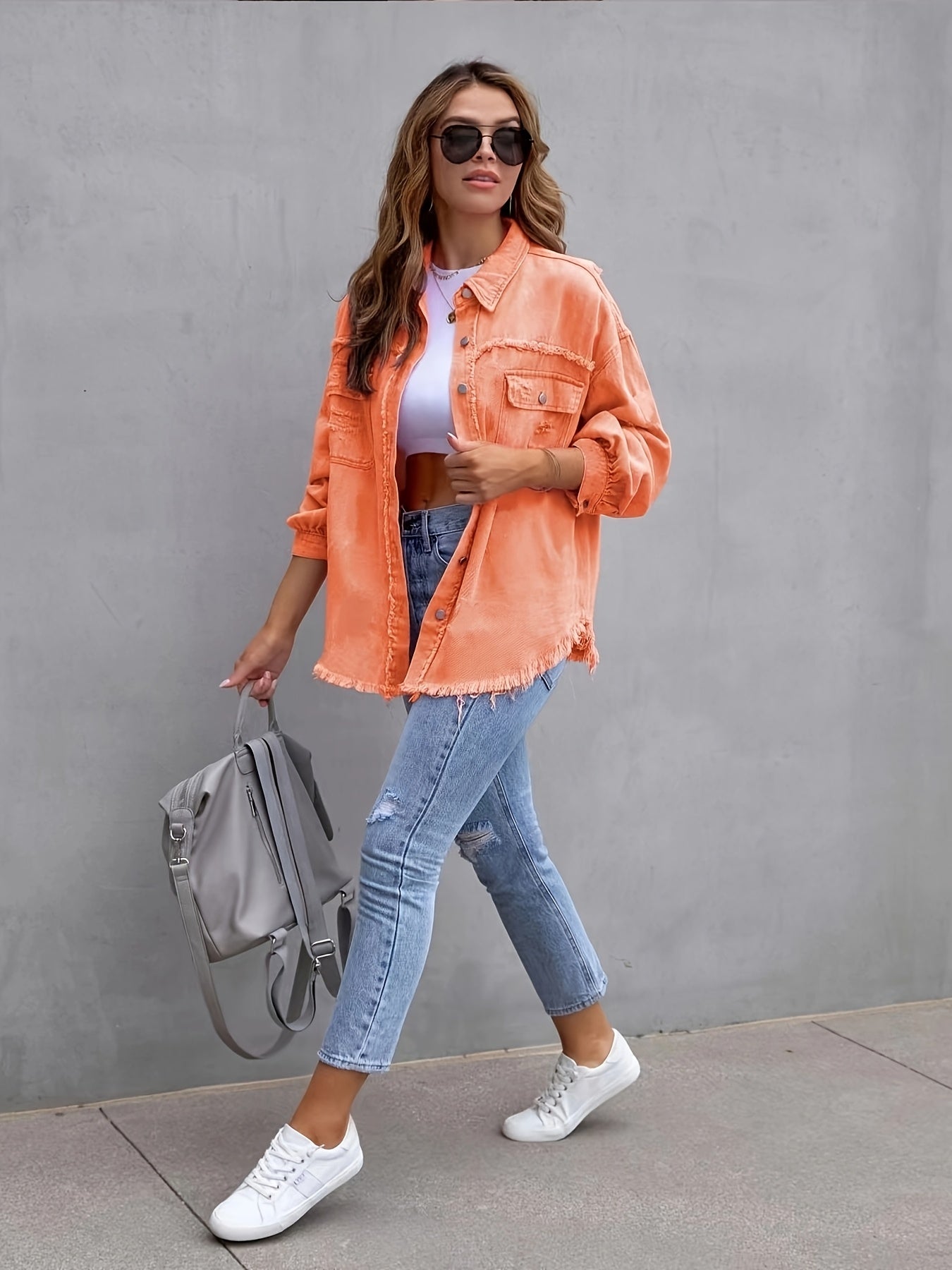 Chaqueta de mezclilla naranja de talla grande para mujer con flecos y estilo callejero