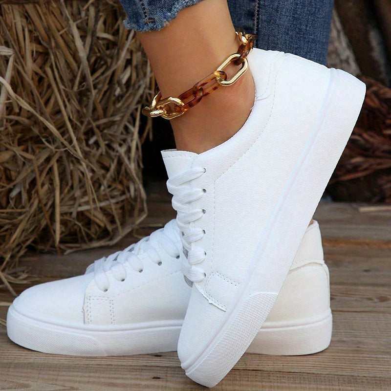Women's White Low Top Sneakers Lace Up Comfortable Athletic Shoes