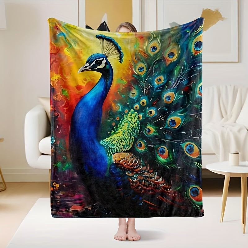Peacock Print Flannel Throw Blanket for All Seasons Hand Washable Stylish