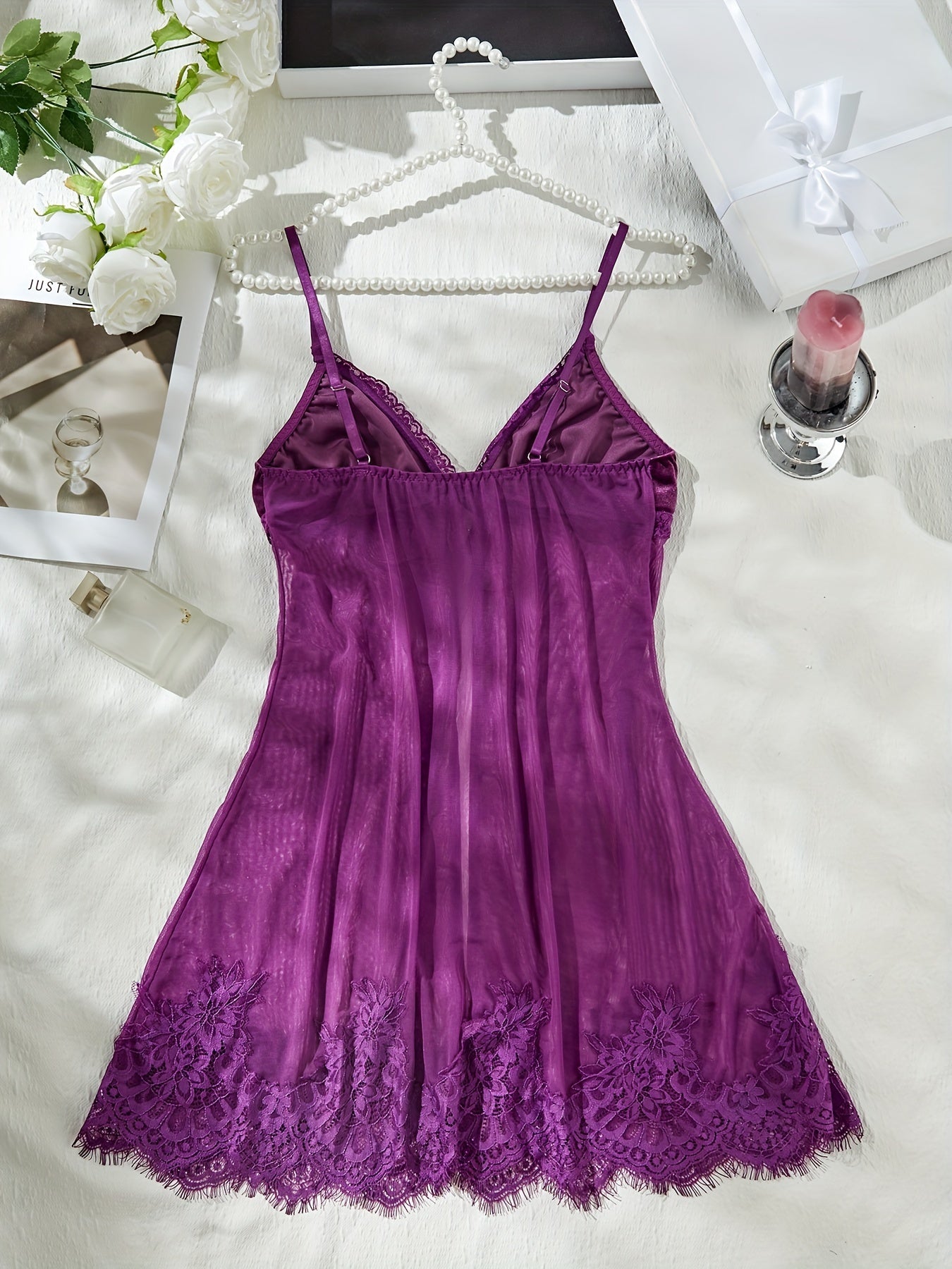 Polyester Babydoll Lingerie with Mesh, Lace Trim and Tie Closure