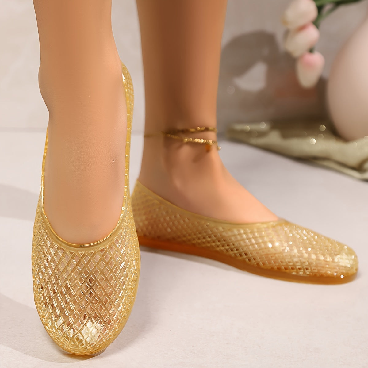 Women's Crystal Jelly Sandals Non-Slip Flat Beach Rain Shoes