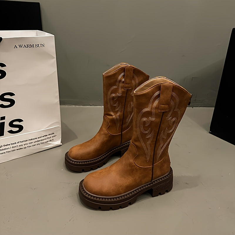 Women's Brown Western Boots | Chunky Mid-Heel, Non-Slip Sole, Round Toe