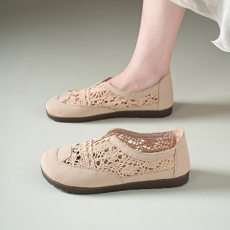 Women's Summer Breathable Lace-Trim Shoes Flat Casual Light Beige