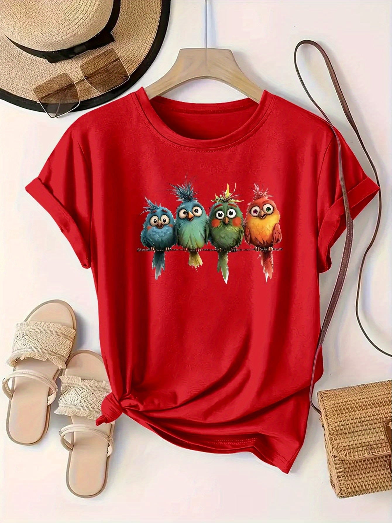 Plus Size Women's Casual Short Sleeve T-Shirt Vibrant Red Cartoon Birds Print
