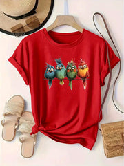 Plus Size Women's Casual Short Sleeve T-Shirt Vibrant Red Cartoon Birds Print