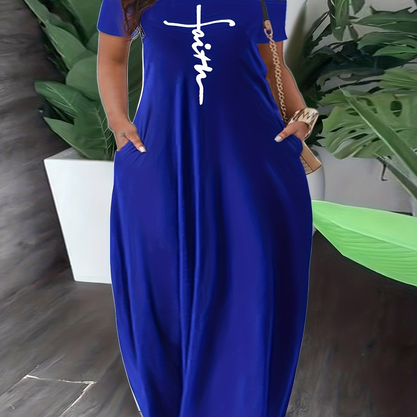 Plus Size Off-Shoulder Maxi Dress with Pockets and Cross Letter Print