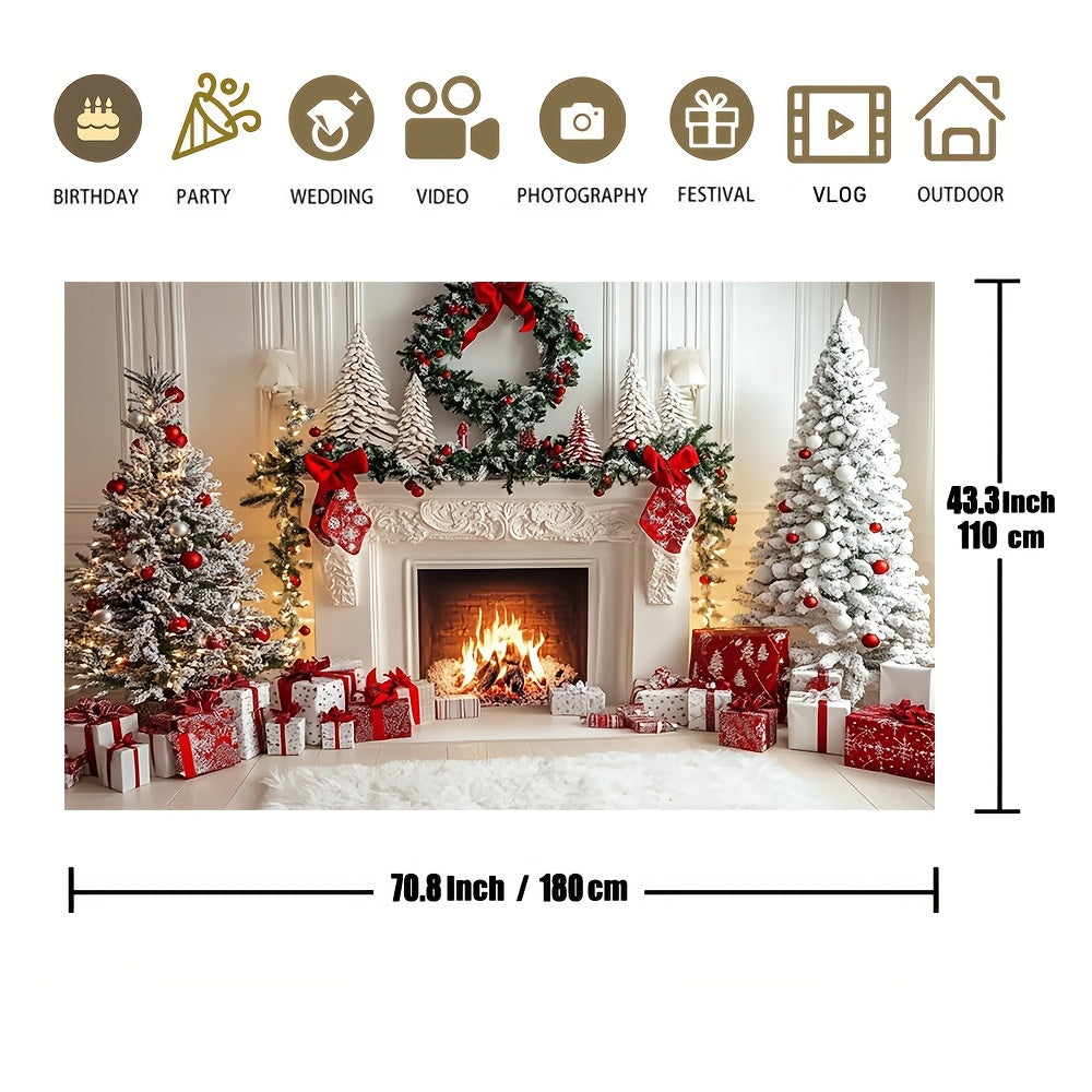 Christmas Fireplace Backdrop Polyester Holiday Photo Booth Decor