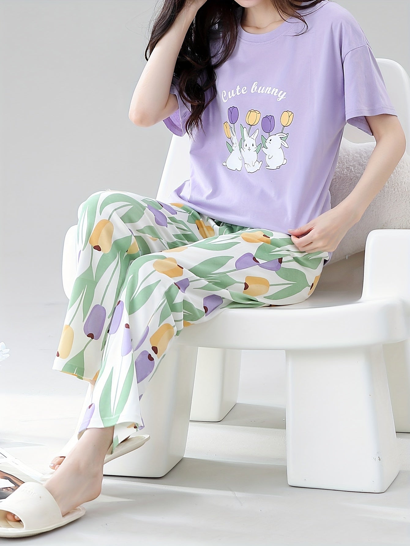 Women's Cotton Pajama Set Spring Fall Short Sleeve Long Pants Casual Floral Rabbit Design
